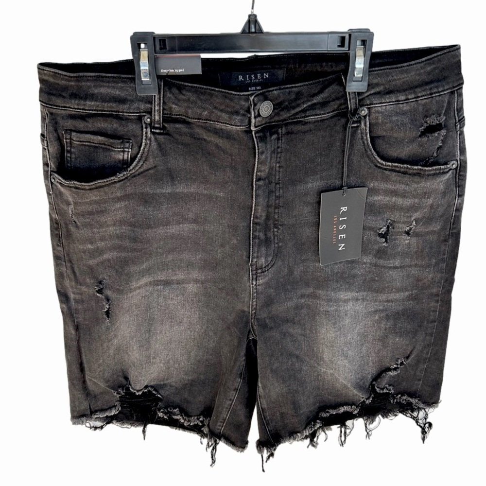 NWT Risen High Waist Distressed Long Short Black Raw Hem Stretch Size 3XL